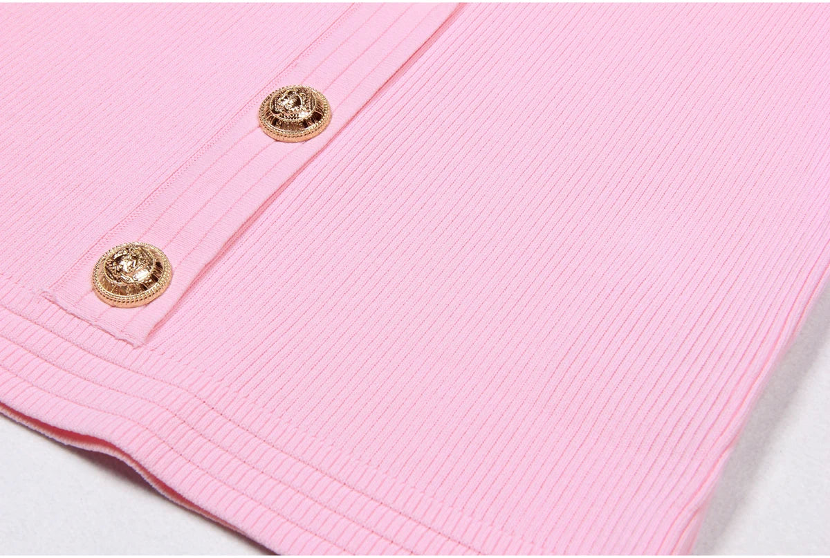 2025 Spring/Summer New Fashion Knitted Elastic Short Sleeve Solid Color Gold Button Slimming Style Commuter Women's Dress