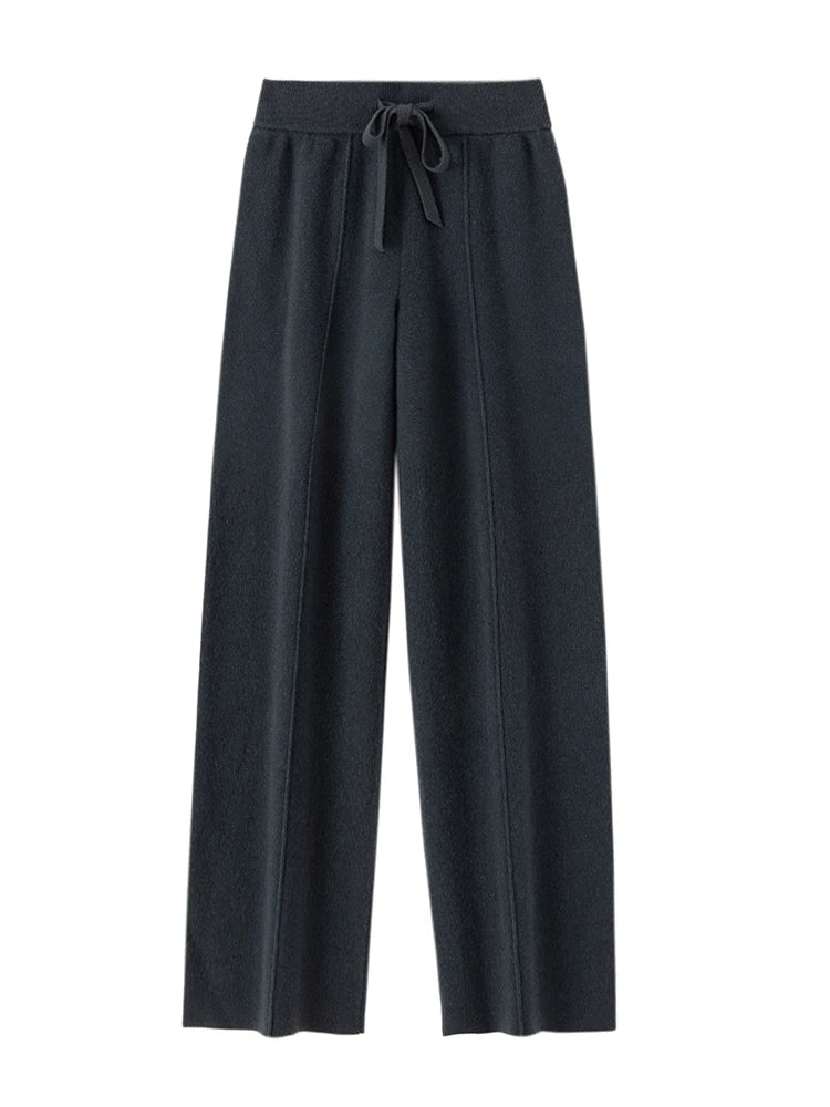 Autumn Winter Women Wide Leg Pants 100% Merino Wool Elastic Waist Straight Trousers Knitted Elegant Draped Loose Fit Trousers
