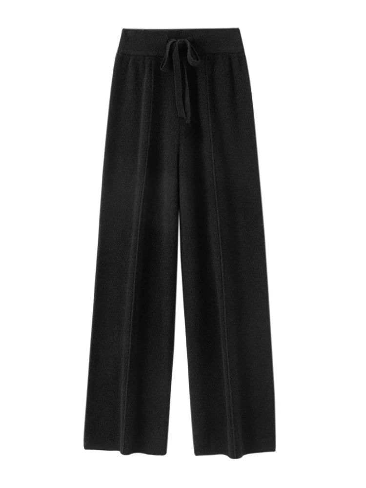 Autumn Winter Women Wide Leg Pants 100% Merino Wool Elastic Waist Straight Trousers Knitted Elegant Draped Loose Fit Trousers