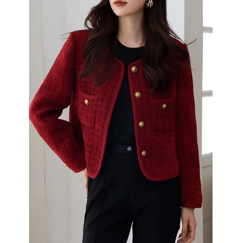 Lucyever Wine Red Tweed Coats Female 2025 Autumn Winter New Fashion Temperament Short Jacket Korean All-Match O-Neck Outerwear