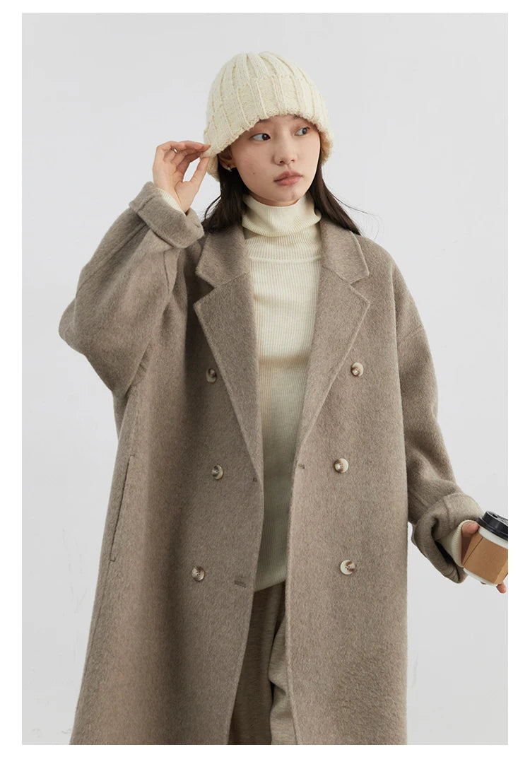 CHIC VEN Women Woolen Coat Double-breasted Basic Loose Casual Retro New Long Double-sided Female Overcoat Autumn Winter 2024