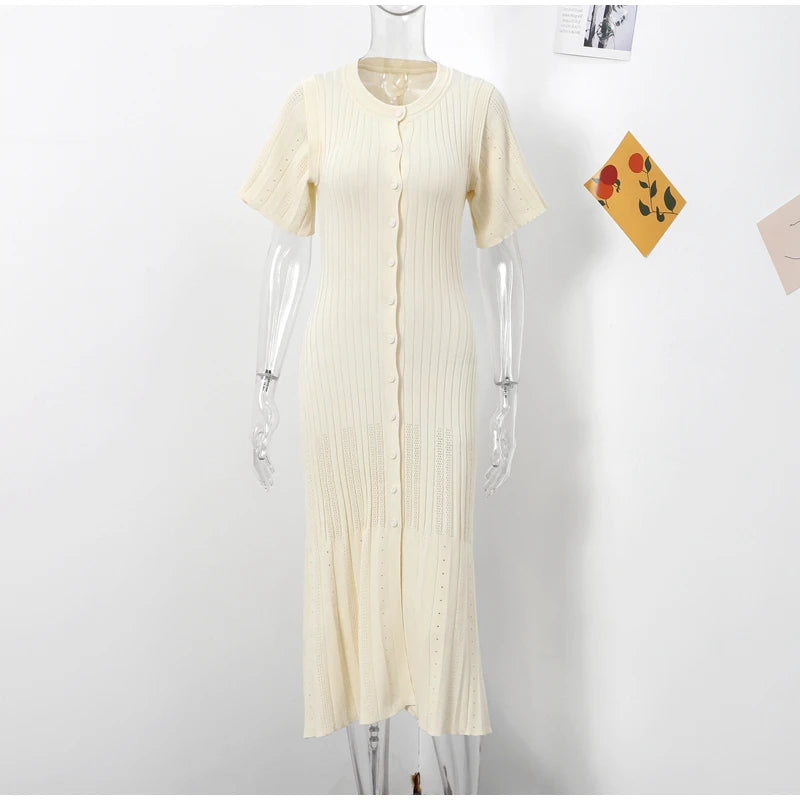 Knit Maxi Dress For Women Elegant Solid O-neck Single Breasted Short Sleeve Long Dresses Female 2025 Summer Fashion Lady Vestido