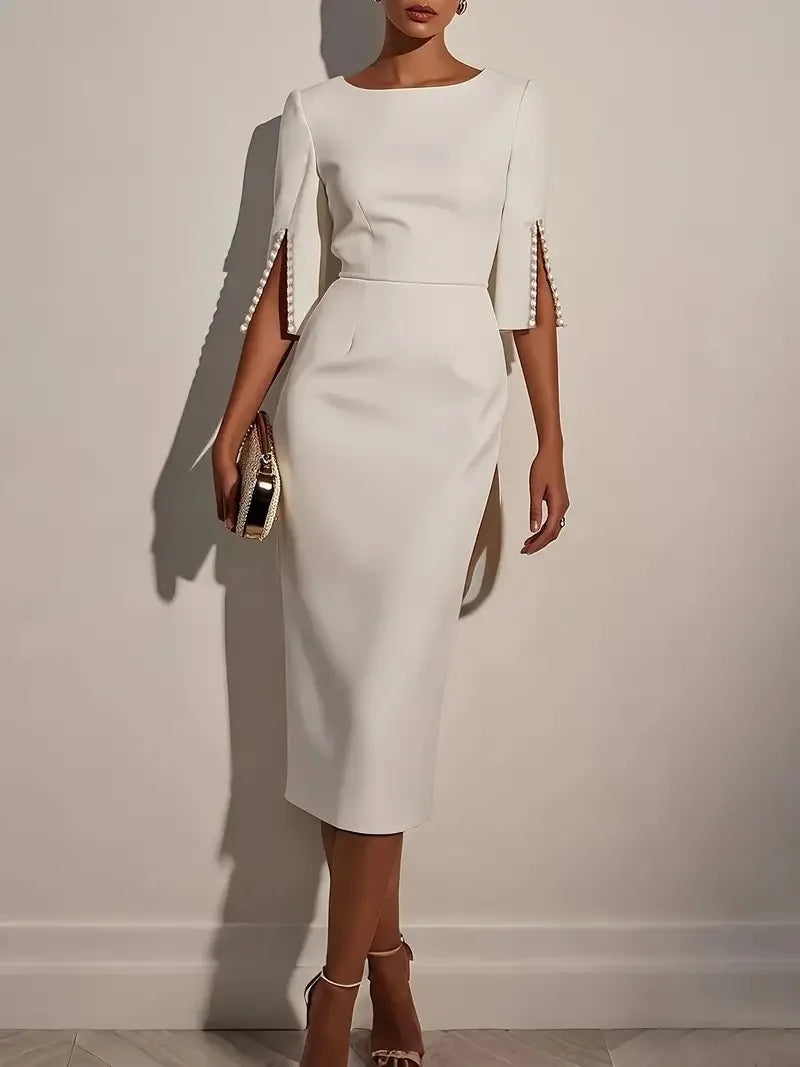 Women's Fashionable Solid Color Office Lady Half Sleeve Nail Bead Dress Women Round Neck Slim and Elegant Dress