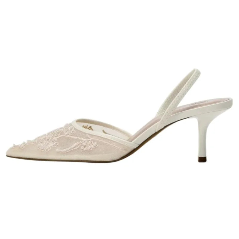 Women's Mesh Floral Embroidered Slingback High Heels Female Open Heel Pearl Studded Pointed Toe Sandals Sexy Stiletto Lady Mules