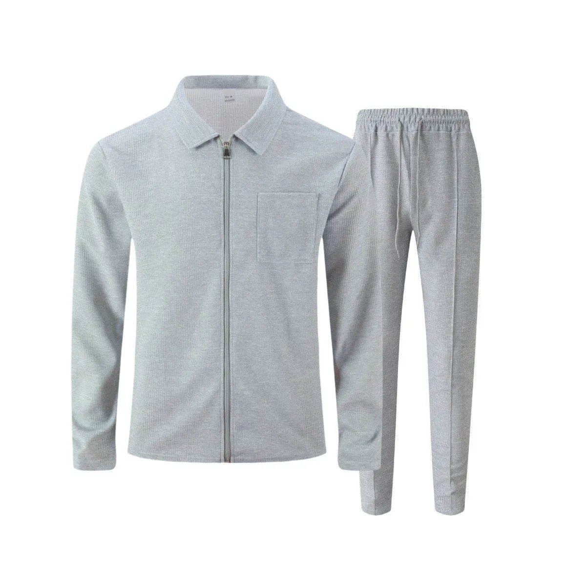 Men's autumn and winter waffle-pattern solid color zipped front pocket lapel fitted cardigan jacket set
