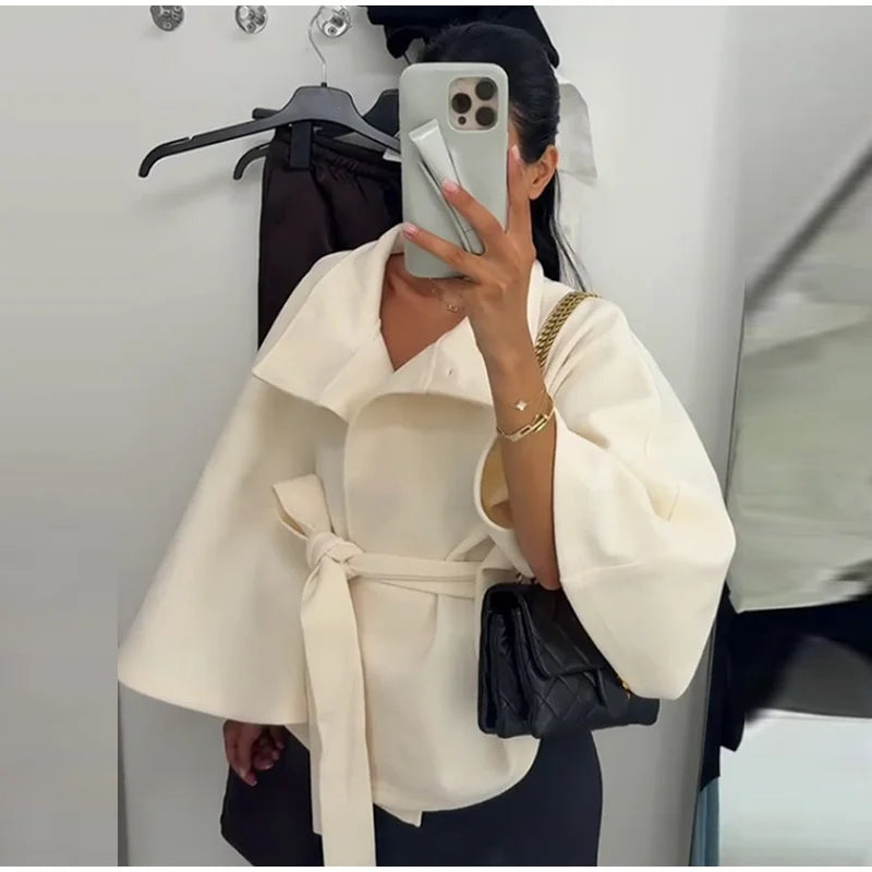 Faux Fur Cloak Jackets Women Loose StandNeck Three Button Wide Sleeves Belt Coats Female 2025 Autumn Solid Chic Fashion Outwears