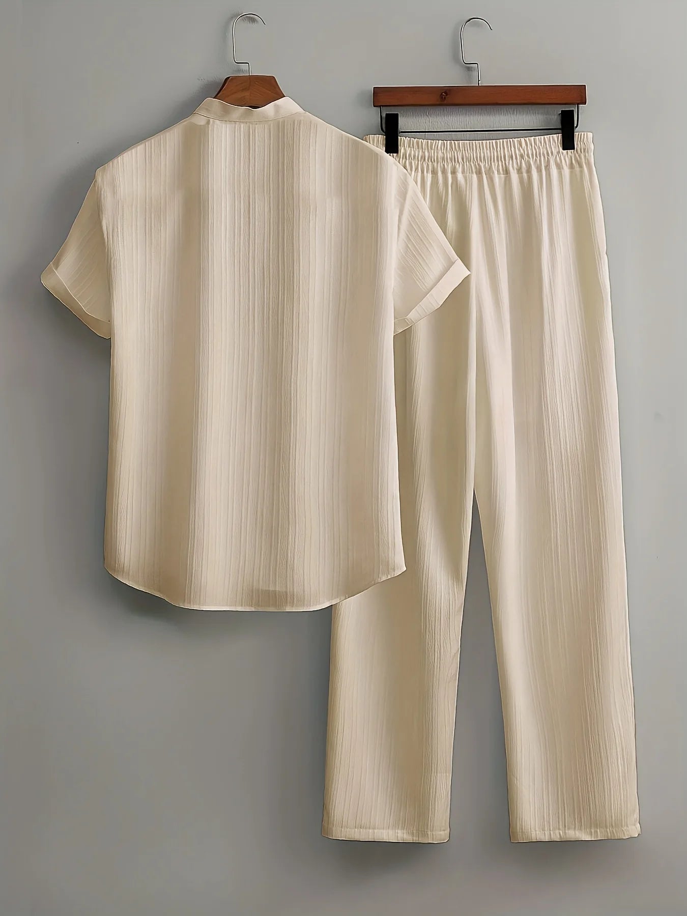 Men's Two Pieces Casual Outfit Loungewear Solid Color Textured Short Sleeve Button Down Shirt and Long Drawstring Pants