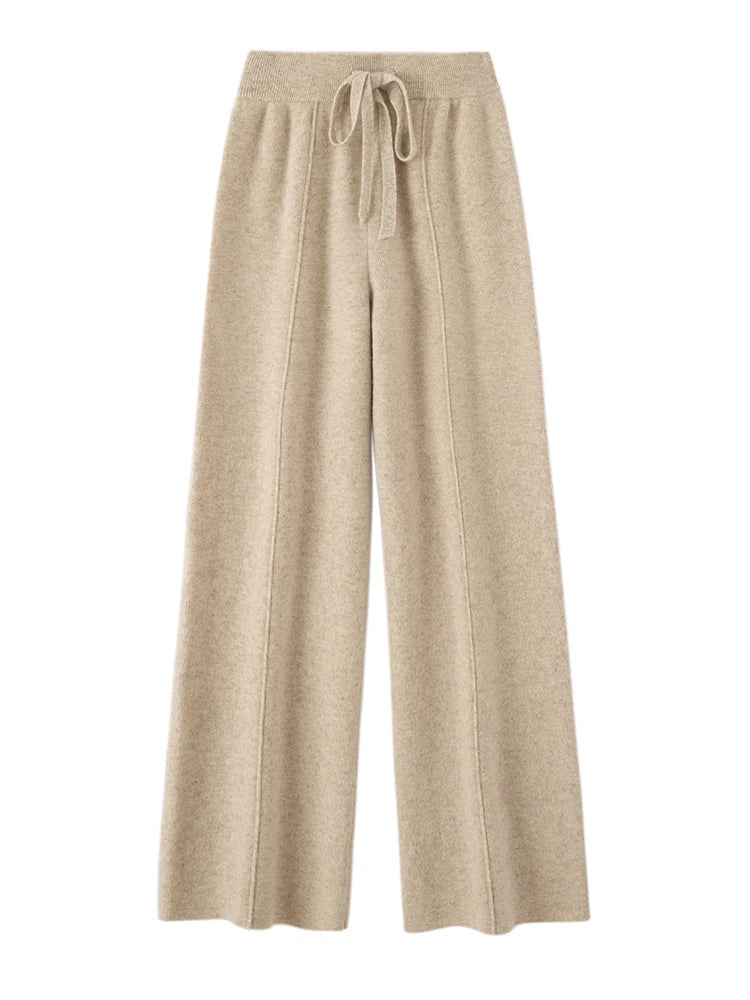 Autumn Winter Women Wide Leg Pants 100% Merino Wool Elastic Waist Straight Trousers Knitted Elegant Draped Loose Fit Trousers