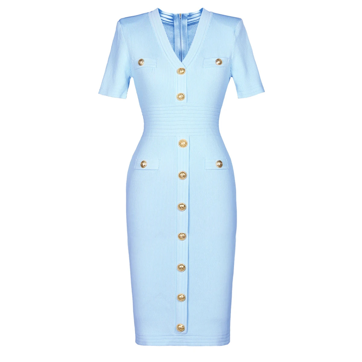 2025 Spring/Summer New Fashion Knitted Elastic Short Sleeve Solid Color Gold Button Slimming Style Commuter Women's Dress