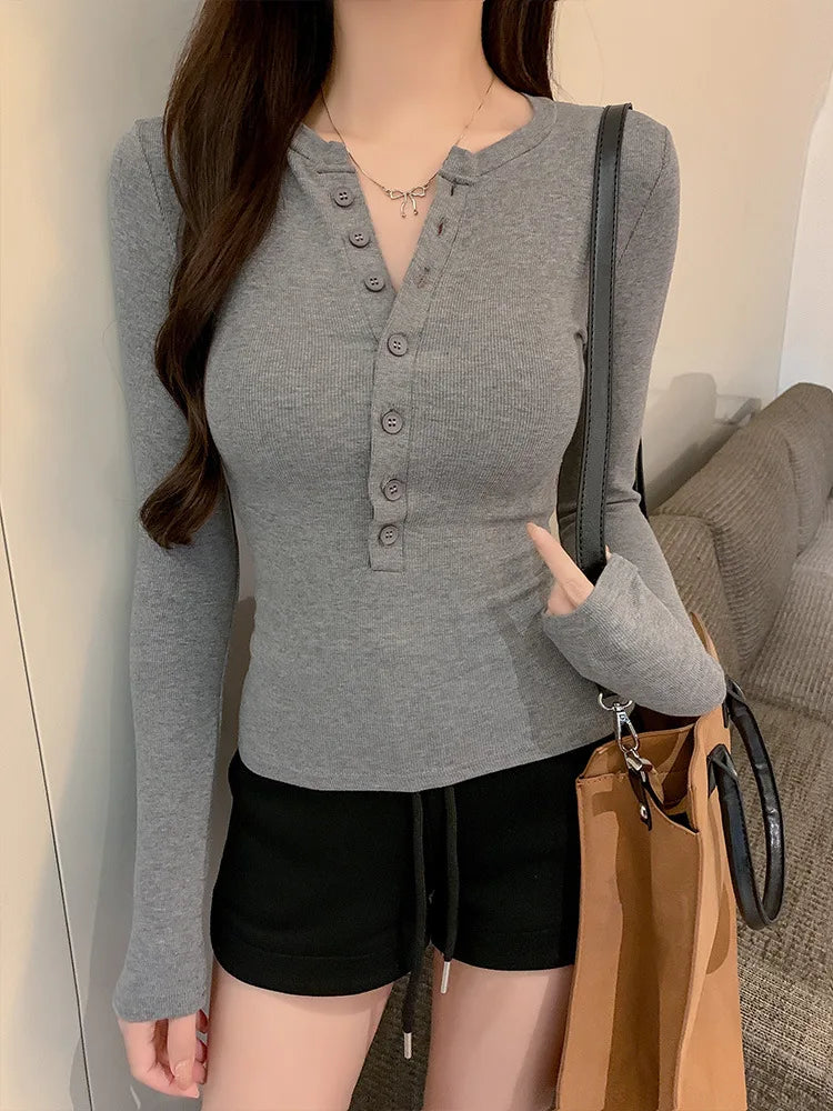 Solid Single Breasted Long Sleeve T-shirt Women Slim Fit Long Sleeve Tops 2025 Autumn Fashion Casual Basic T-shirt