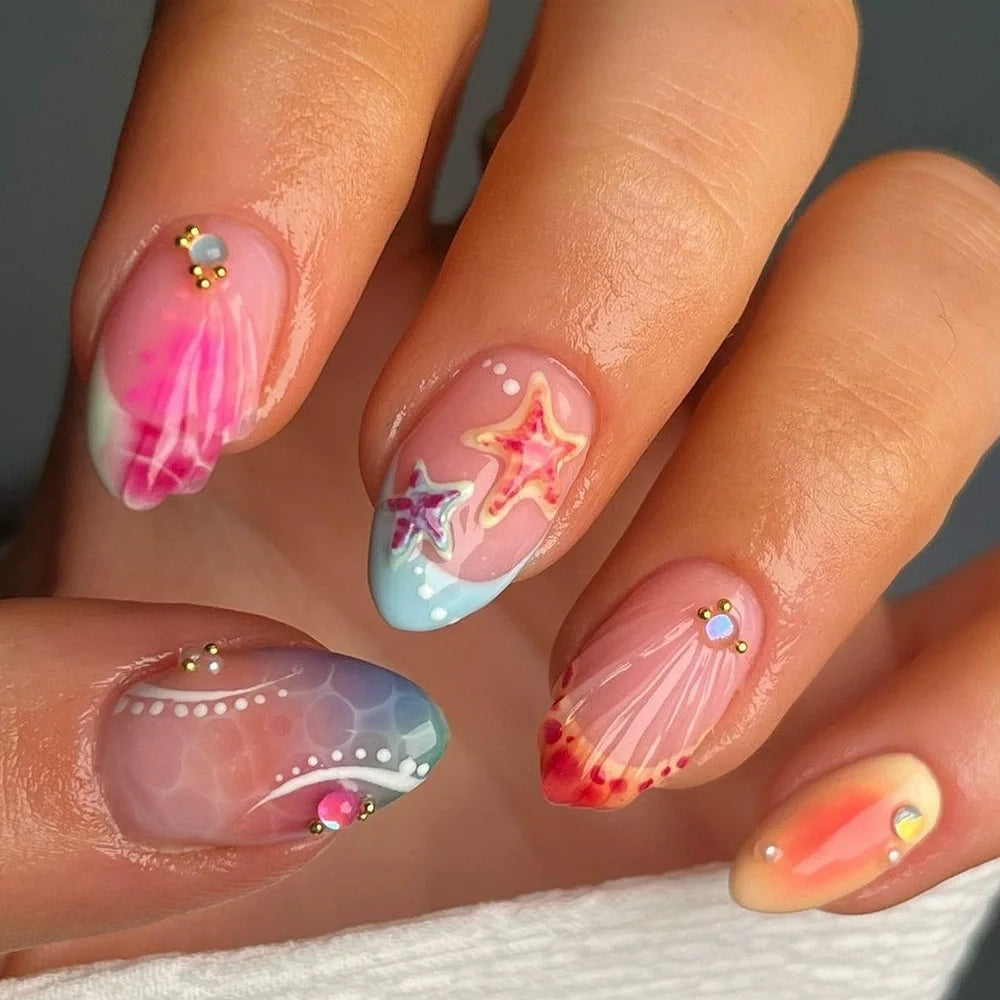 24Pcs Mid-length 3D Flowers Design Fingertips Sweet Butterfly Yellow Ripple Almond False Nails Detachable Full Cover Press Ons