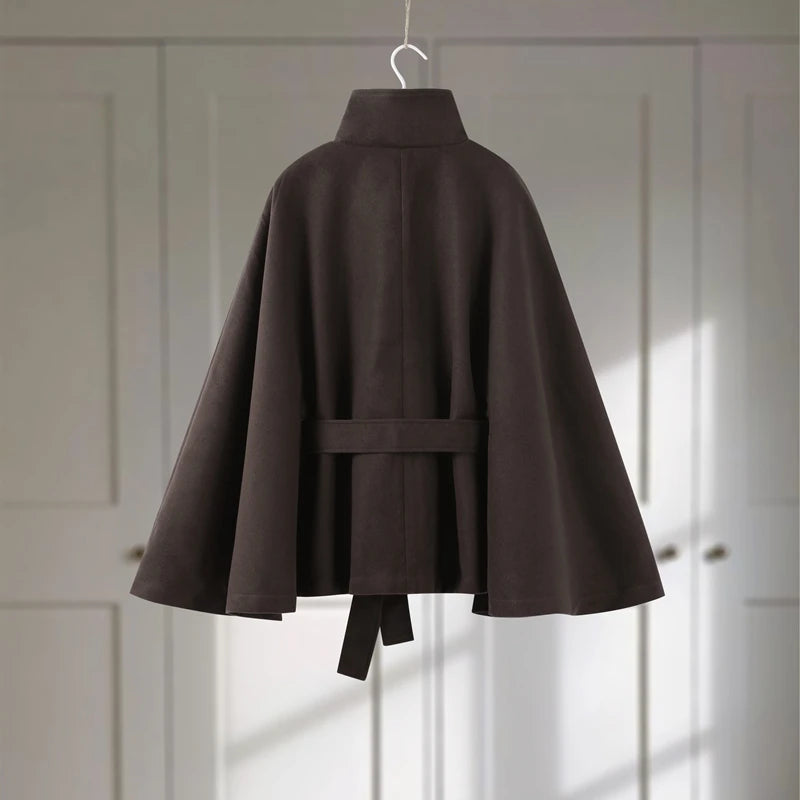 Faux Fur Cloak Jackets Women Loose StandNeck Three Button Wide Sleeves Belt Coats Female 2025 Autumn Solid Chic Fashion Outwears