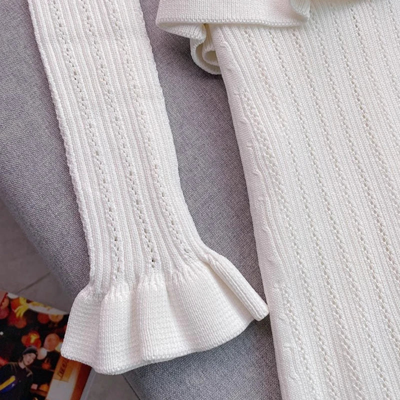 YuooMuoo Brand Fashion One-piece Knitted Maxi Dress Women Elegant V-neck Ruffled Slim Waist Bodycon Sweater Dress Party Vestido