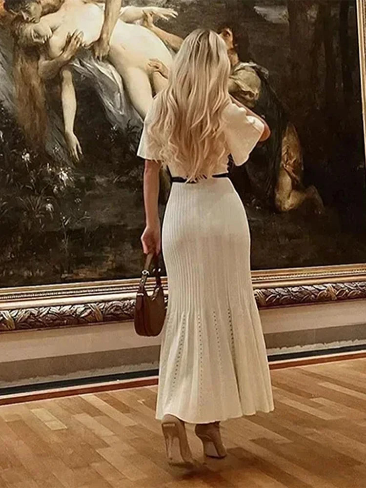 Knit Maxi Dress For Women Elegant Solid O-neck Single Breasted Short Sleeve Long Dresses Female 2025 Summer Fashion Lady Vestido
