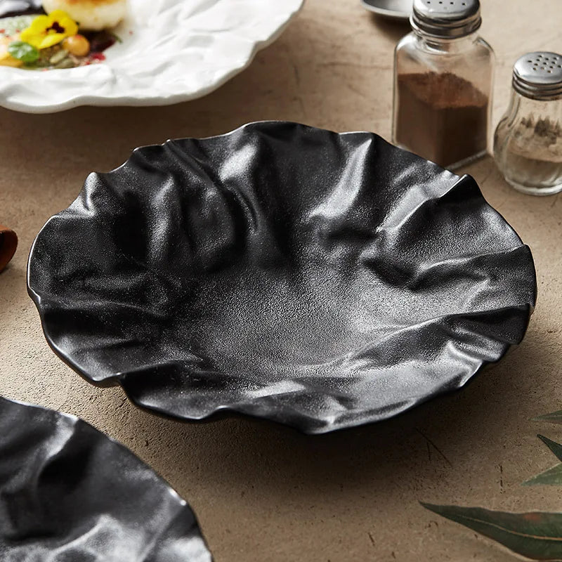 Folding deep plate, dishes, Japanese tableware, western-style salad, household ceramic high-grade tableware.