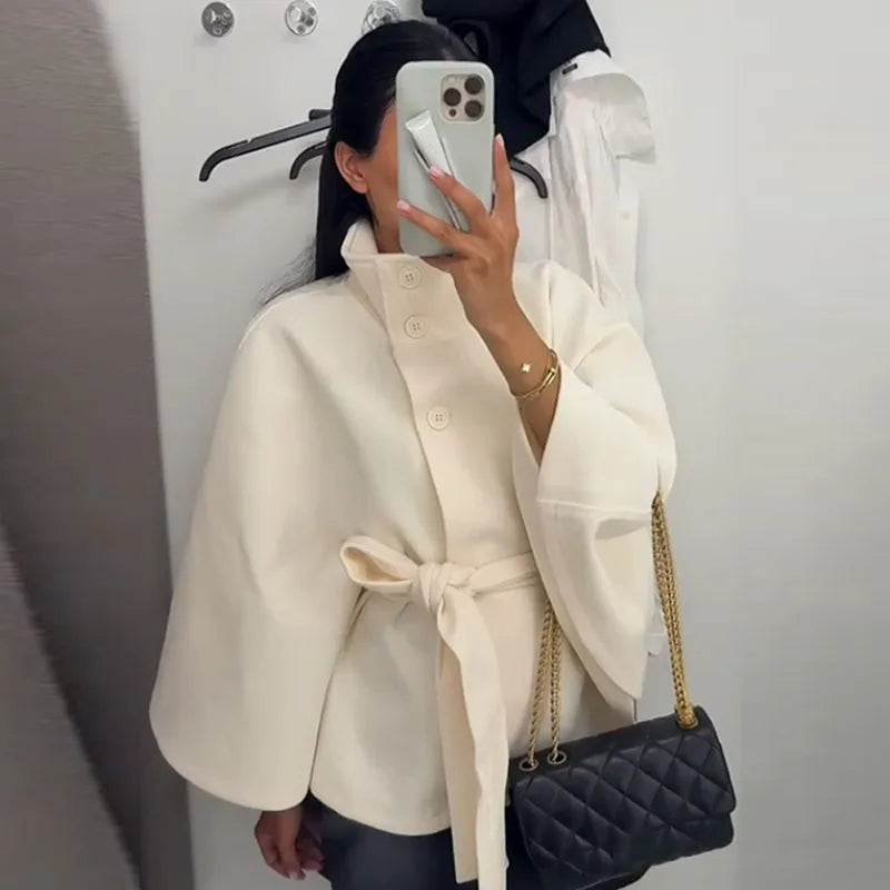 Faux Fur Cloak Jackets Women Loose StandNeck Three Button Wide Sleeves Belt Coats Female 2025 Autumn Solid Chic Fashion Outwears