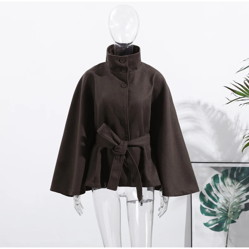 Faux Fur Cloak Jackets Women Loose StandNeck Three Button Wide Sleeves Belt Coats Female 2025 Autumn Solid Chic Fashion Outwears