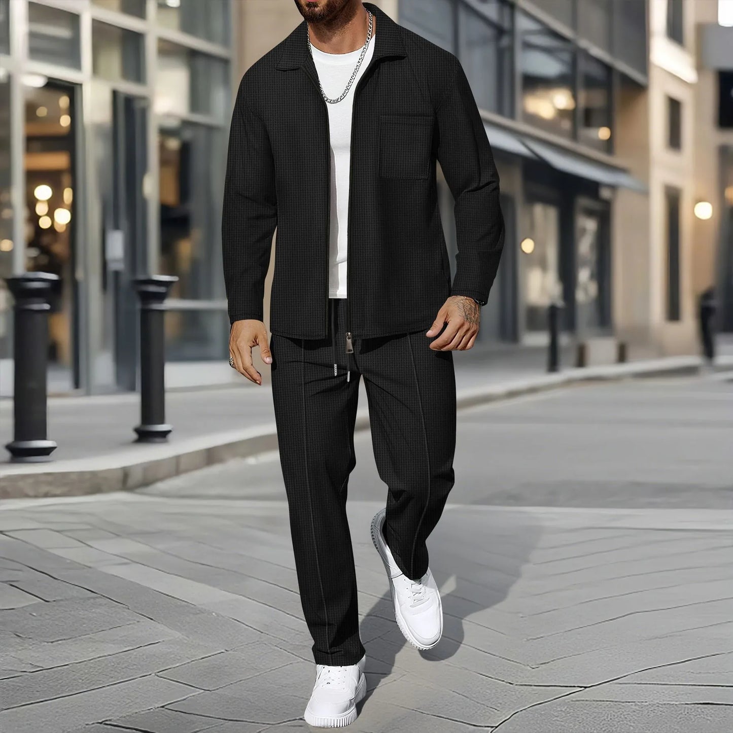 Men's autumn and winter waffle-pattern solid color zipped front pocket lapel fitted cardigan jacket set