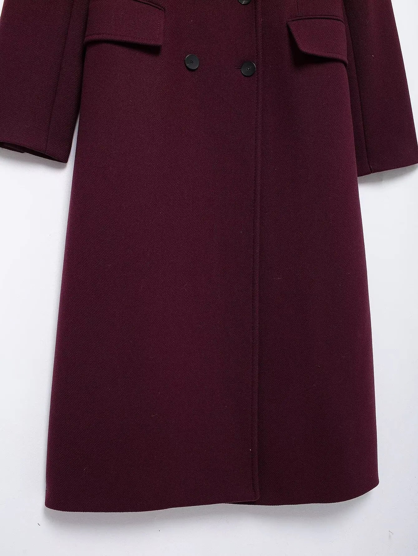TRAFZA Women Fashion Burgundy Woolen Coat Double Breasted Long Sleeve Lapel Blends Jacket Autumn Winter High Street Outerwear