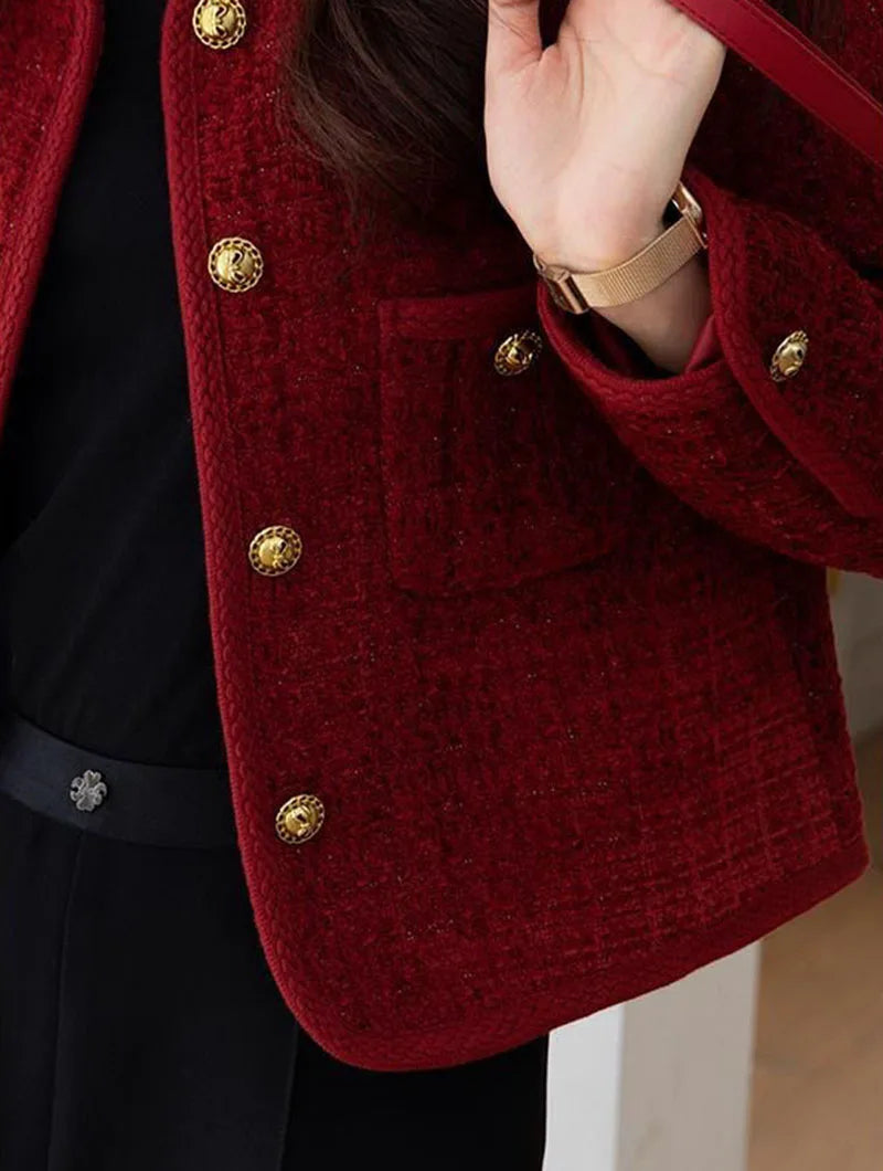 Lucyever Wine Red Tweed Coats Female 2025 Autumn Winter New Fashion Temperament Short Jacket Korean All-Match O-Neck Outerwear