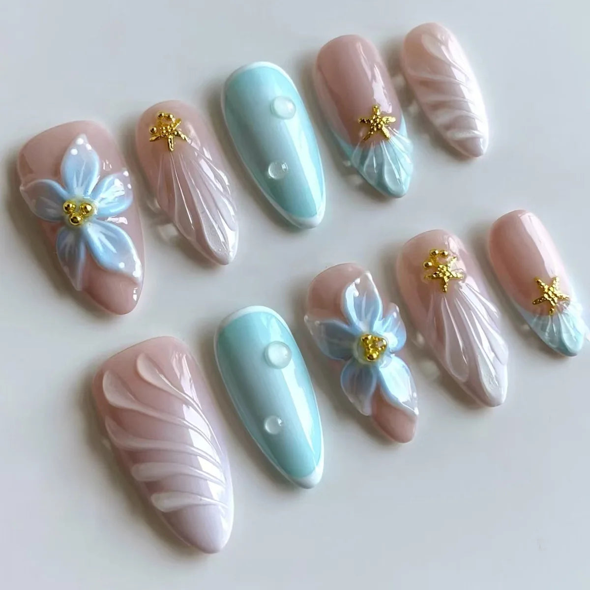 24Pcs Mid-length 3D Flowers Design Fingertips Sweet Butterfly Yellow Ripple Almond False Nails Detachable Full Cover Press Ons