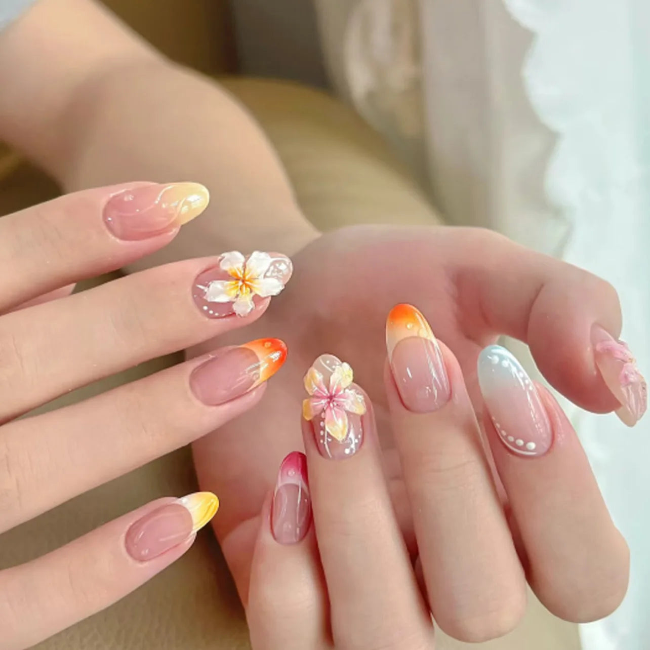 24Pcs Mid-length 3D Flowers Design Fingertips Sweet Butterfly Yellow Ripple Almond False Nails Detachable Full Cover Press Ons